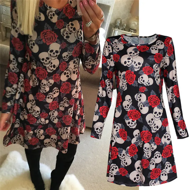 Women Dress Elbise Halloween Party Dresses Pumpkin Print Long Sleeve Party Swing Mini Dress Plus Size Women Clothing Feida 1