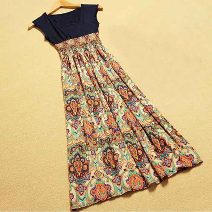 Women Dress Flower Print Bohemian Beach Vestidoes Sleeveless Vest Maxi Long Dress Happy #S782 1