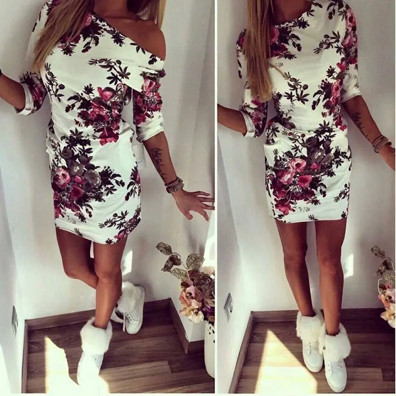 Women Dress Half Sleeve Dress Casual Bodycon Slim Dresses Floral Print Party Robe 1