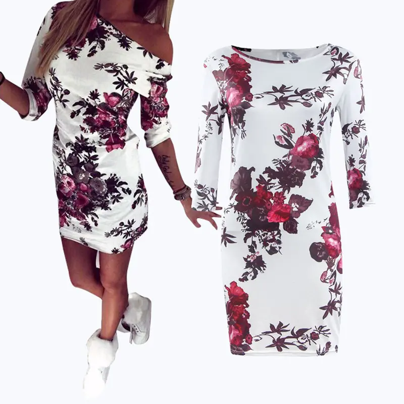 Women Dress Half Sleeve Dress Casual Bodycon Slim Dresses Floral Print Party Robe 3