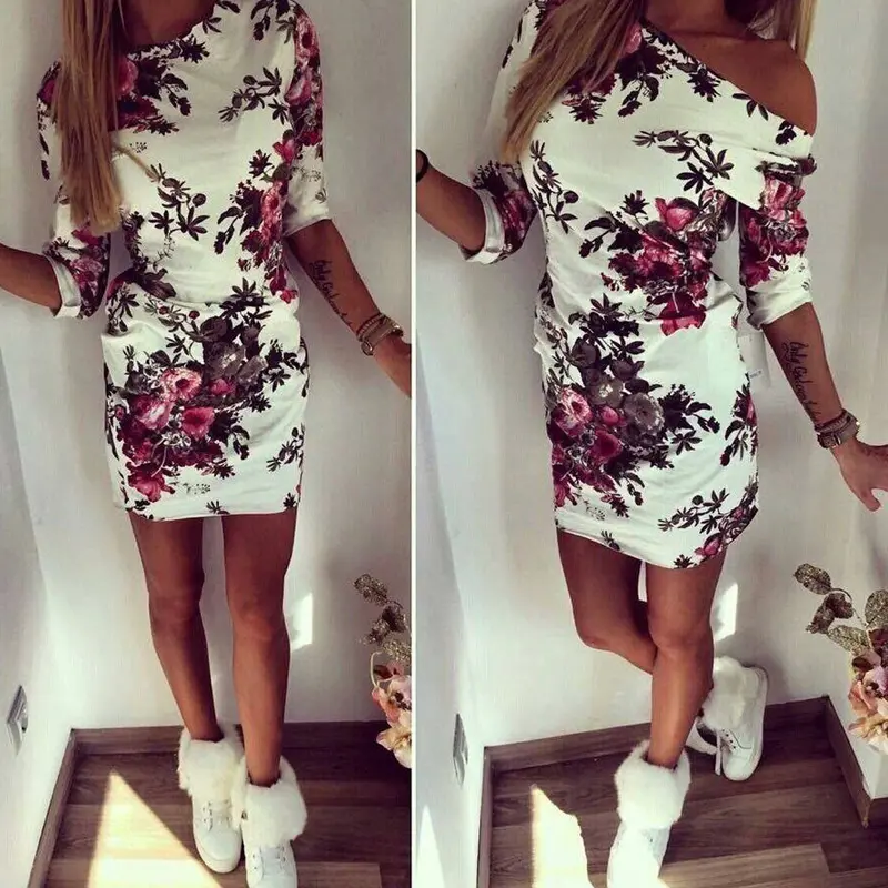 Women Dress Half Sleeve Dress Casual Bodycon Slim Dresses Floral Print Party Robe 4