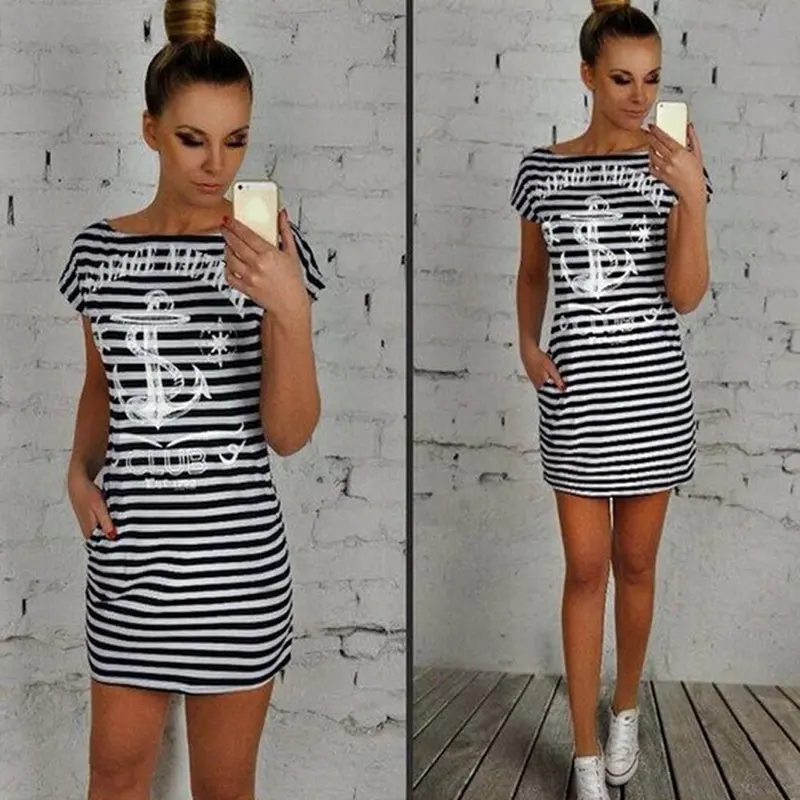 Women Dress Ladies Vintage Robe Boat Anchor Stripe Short Sleeves Dress Style Sale Feida 2