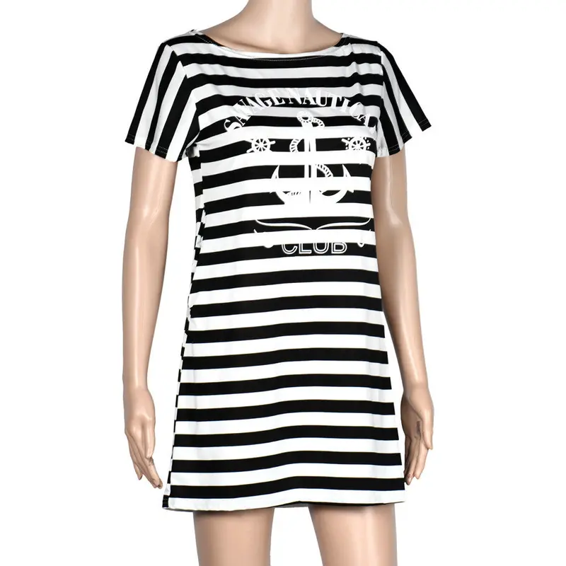Women Dress Ladies Vintage Robe Boat Anchor Stripe Short Sleeves Dress Style Sale Feida 3