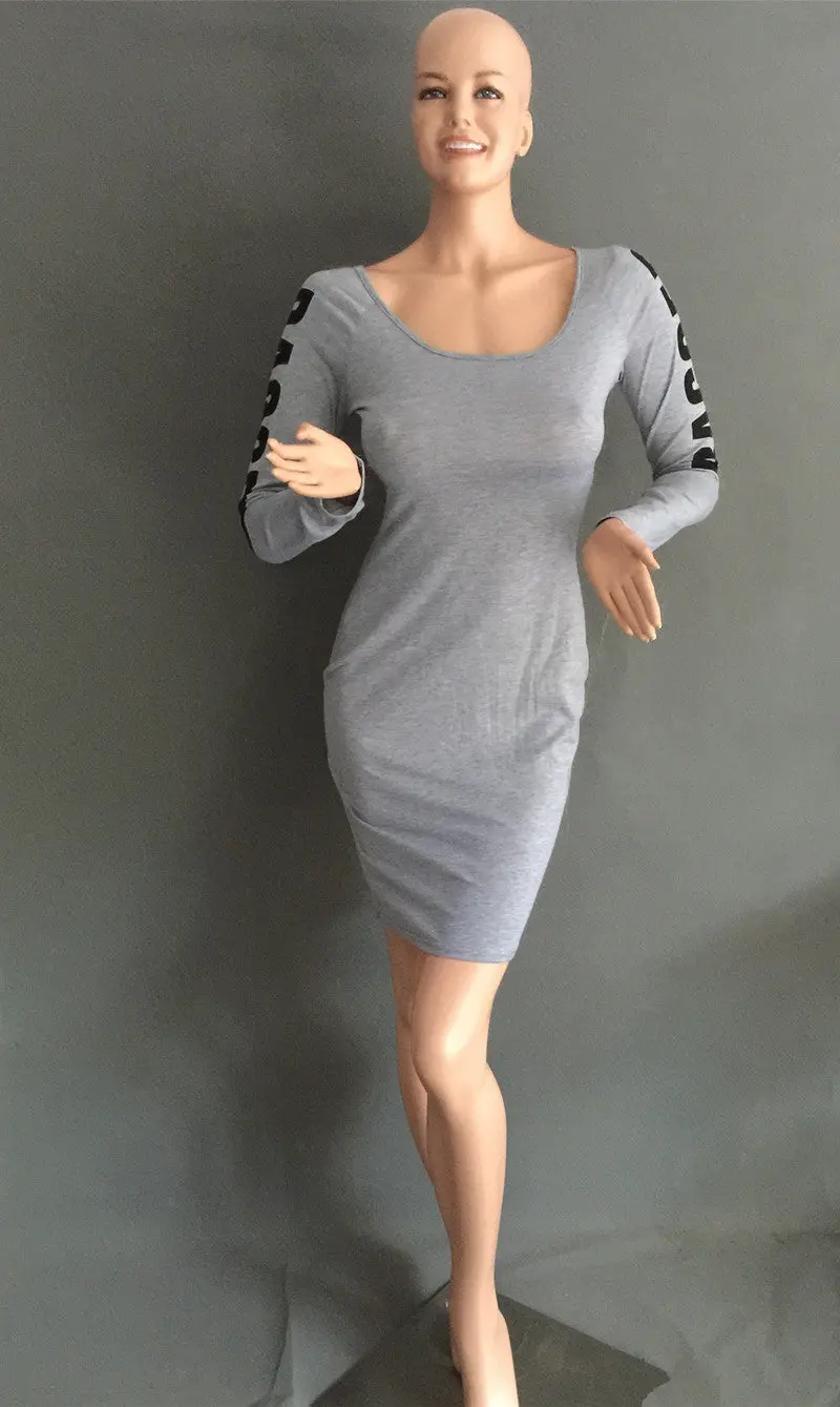 Women Dress Letter Printed Cotton Sexy Back Cut Out Party Dress Long Sleeve Casual Style Bodycon Dress 5