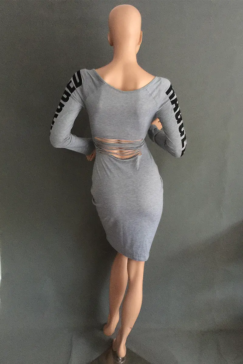Women Dress Letter Printed Cotton Sexy Back Cut Out Party Dress Long Sleeve Casual Style Bodycon Dress 6