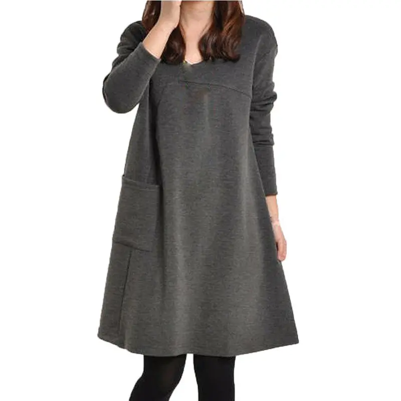 Women Dress Long Sleeve Pocket Large Size Dress Solid O Neck Casual Vintage Dress Fast Shipping Feida 1