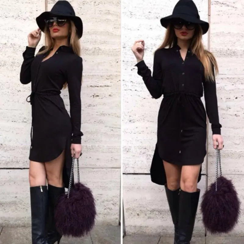 Women Dress Long Sleeve V Neck Mini Dresses Vestidos Button-Up Shirt Dresses Women Asymmetrical Sexy Dress M0483 1