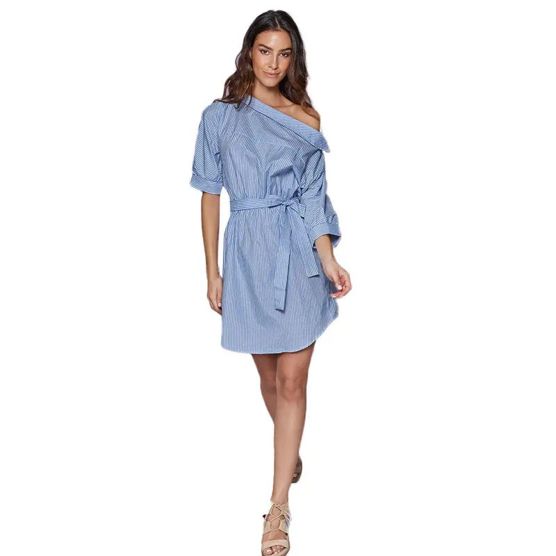 Women Dress Off The Shoulder Shirt Dresses Plus Size Clothes Half Sleeve Blue Striped Loose Tie Waist Button Vestido 1