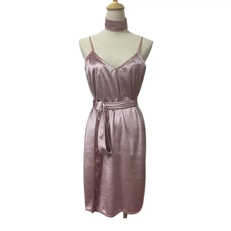Women Dress Sexy Deep V Strap Dress Pink Backless Party Dress With Sashes Solid Color Casual Dresses Robe Femme 1