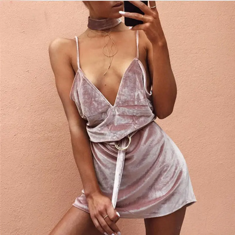 Women Dress Sexy Deep V Strap Dress Pink Backless Party Dress With Sashes Solid Color Casual Dresses Robe Femme 2