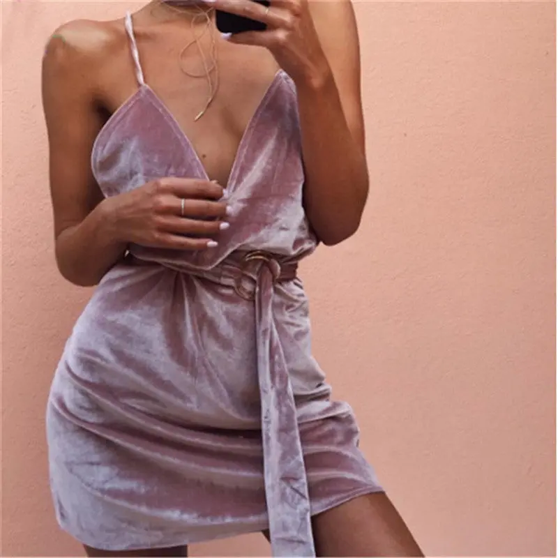 Women Dress Sexy Deep V Strap Dress Pink Backless Party Dress With Sashes Solid Color Casual Dresses Robe Femme 3