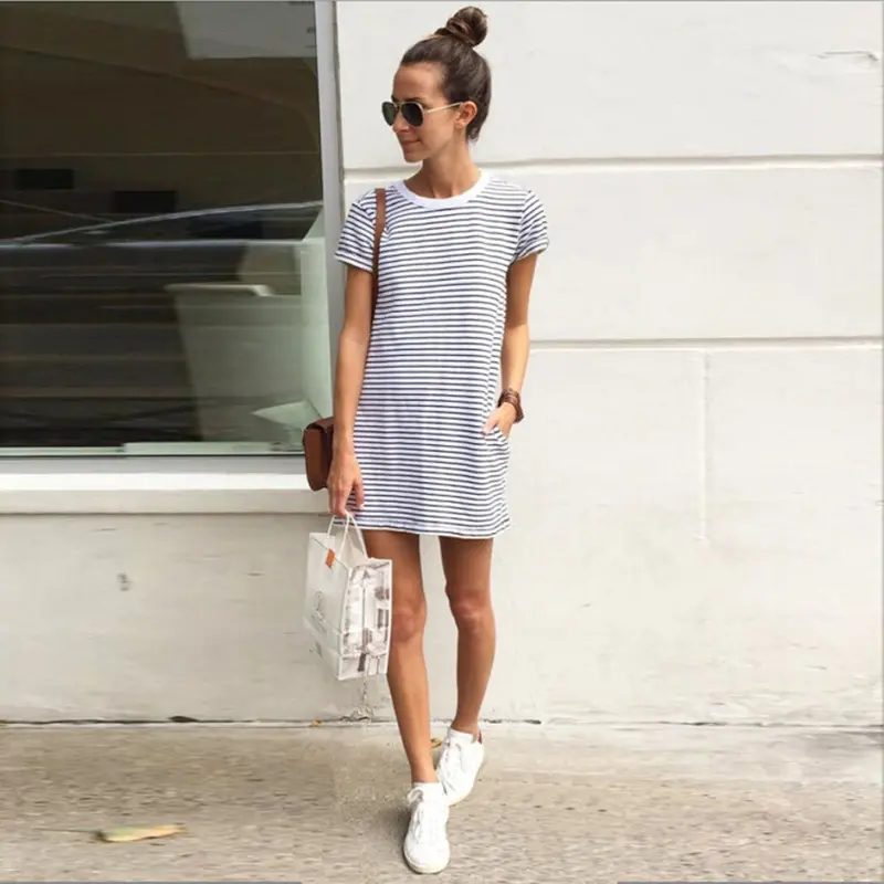 Women Dress Sexy Fashion Women Casual Loose Striped Cotton Bodycon Mini Dresses Vestidos Femmes 1