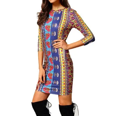 Women Dress Sexy National Printed Dresses Plus Size 2Xl Bodycon Oneck Long Sleeve Evening Party Beach Mini Vestidos 1