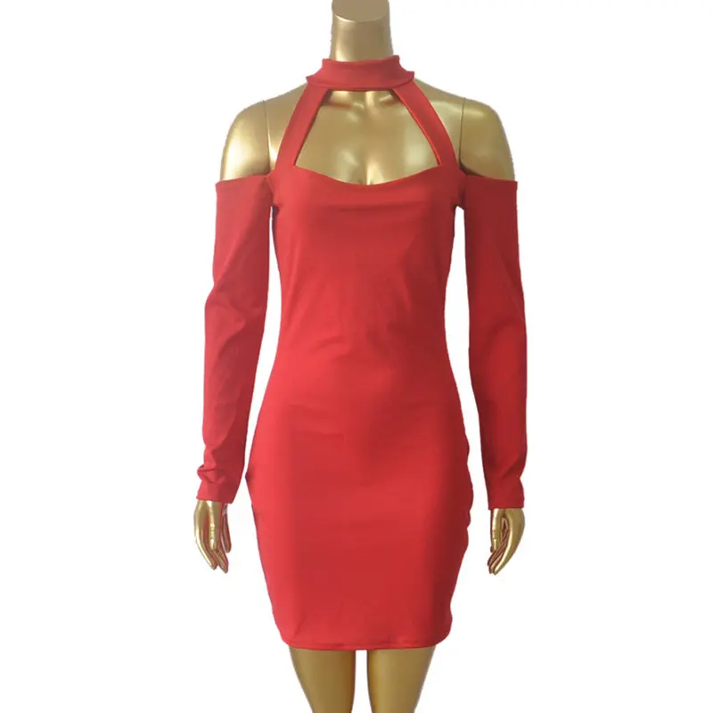 Women Dress Sexy Party Bodycon Dresses Off The Shoulder Solid Halter Strapless Slim Skinny Long Sleeve Vestidos 9