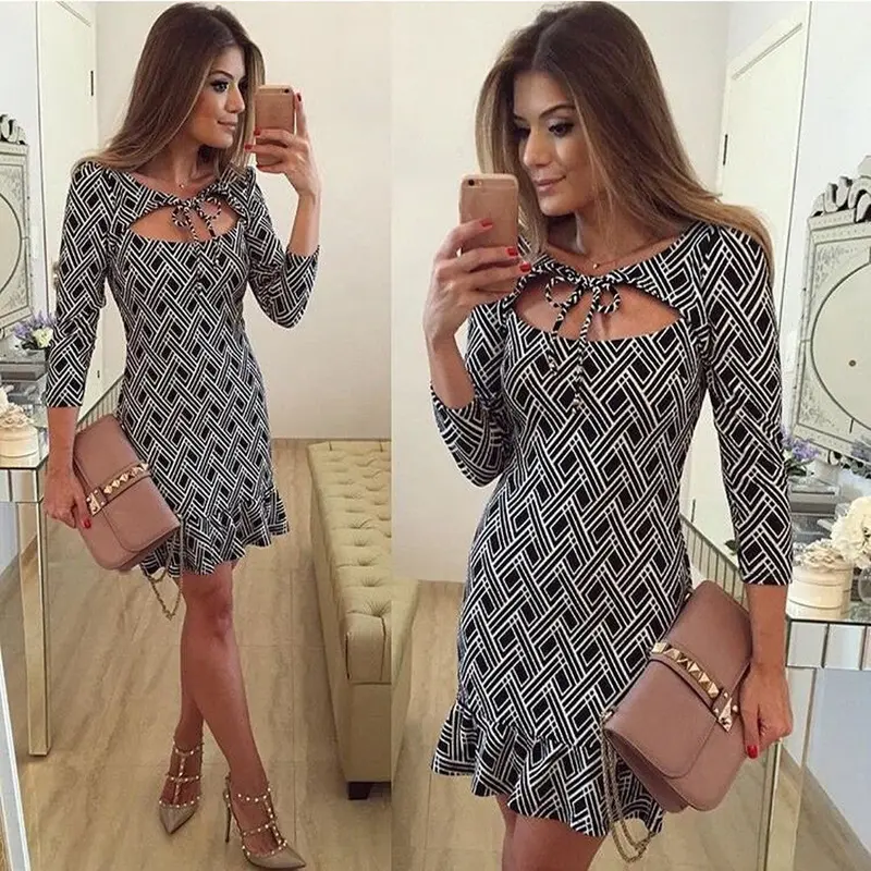 Women Dress Sexy Vestido Slim Package Hip Pleated Black And White Printing Plus Size Casual Loose Vestidos De Festa Bodysuit 3