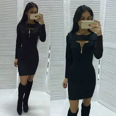 Women Dress Sexy Vestido Zipper Bandage Bodycon Dresses Long Sleeve Party Evening Plus Size Solid Vestidos Girl Bodysuit 1