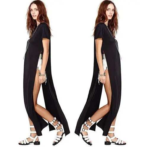 Women Dress Shirts Short Sleeve Plus Size High Slit Casual Long Dresses Gray White Black Vestidos 1