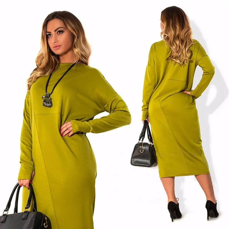 Women Dress Solid O-Neck Full Sleeve Big Size L-6Xl Loose Casual Dress Elegant Office Loose Work Wear Plus Size Gv398 1