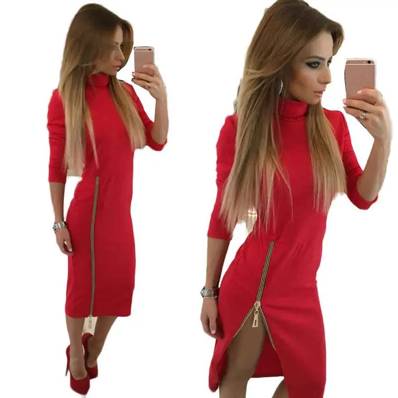 Women Dress Vestido Solid Plus Size High Collar Zipper Bodycon Party Dresses Long Sleeve Vestidos 8