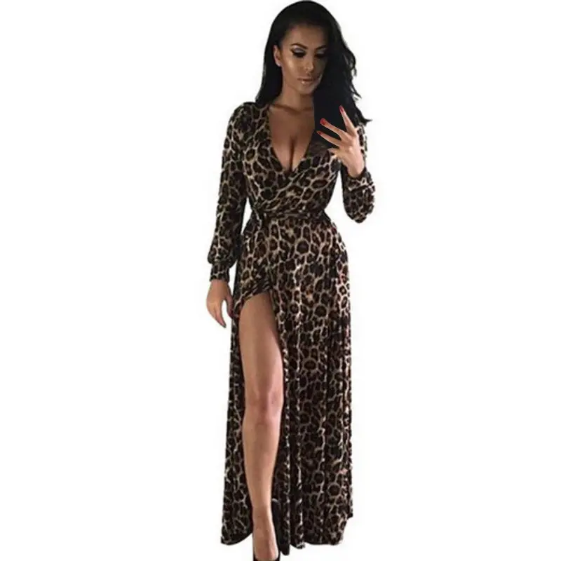 Women Dress Vestidos Sexy Long Dresses Vneck Leopard Longsleeved Plus Size Loose Vestido Nightwear Bohemian Beach Verao 2