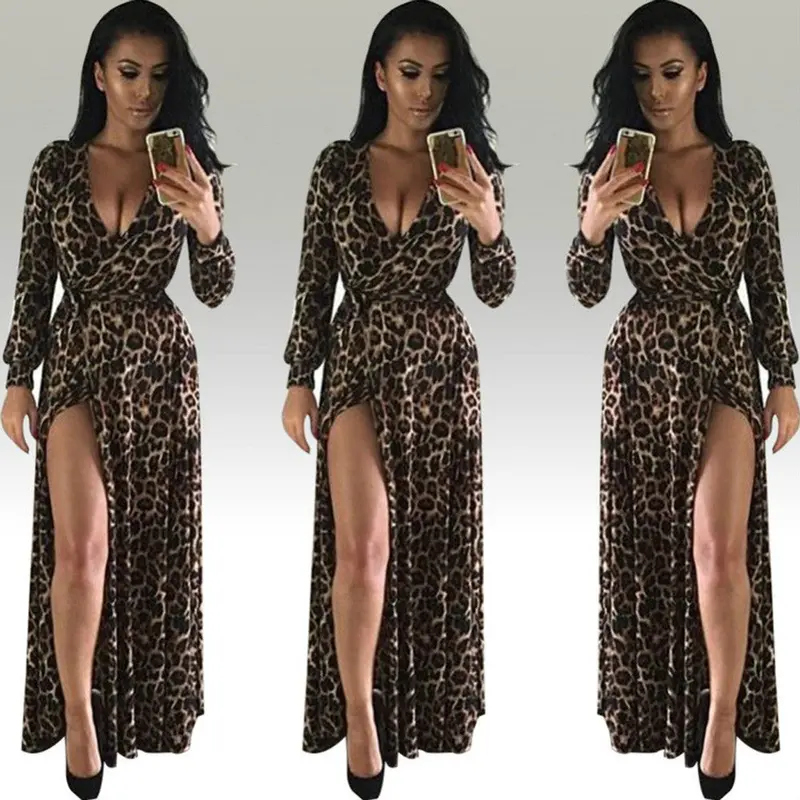 Women Dress Vestidos Sexy Long Dresses Vneck Leopard Longsleeved Plus Size Loose Vestido Nightwear Bohemian Beach Verao 3