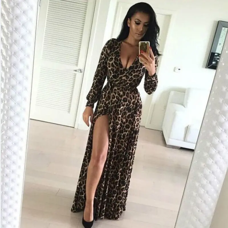 Women Dress Vestidos Sexy Long Dresses Vneck Leopard Longsleeved Plus Size Loose Vestido Nightwear Bohemian Beach Verao 4