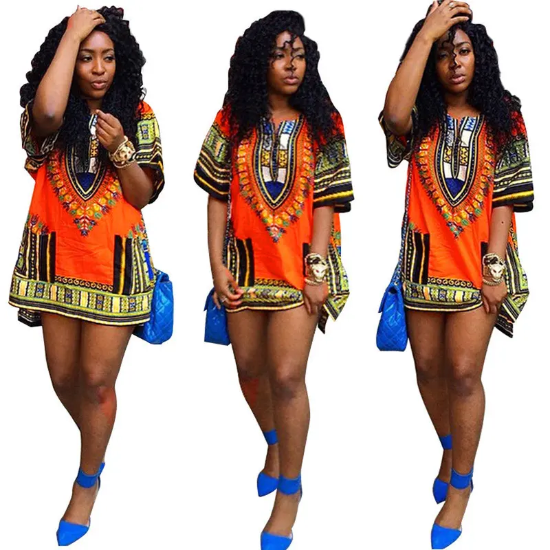 Women Dress Vintage African Print Short Dress Casual Above Knee Mini Dresses Plus Size Vestidos De Fiesta 1