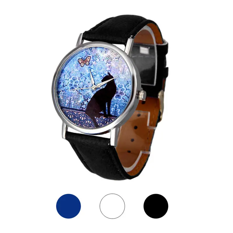 Women Dress Watch Cat Pattern Cute Printed Lady Watches Leather Band Analog Quartz Vogue Wrist Watch Bracelet 3
