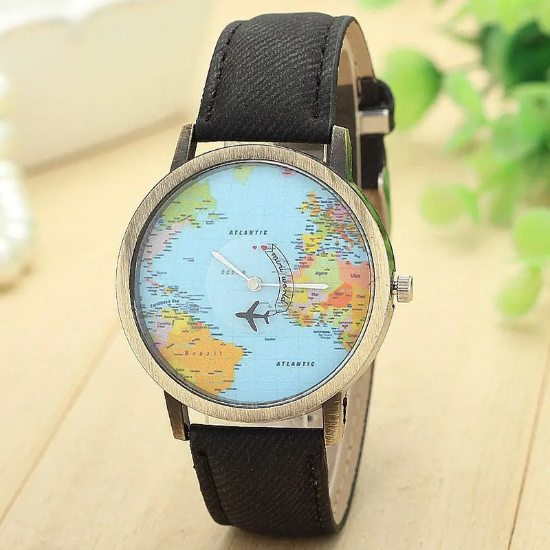 Women Dress Watches, Global Travel By Plane Map Denim Fabric Band Watch Women 7Colors Montre Feida 1