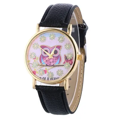Women Dress Watches Pu Leather Owl Pattern Clock Quartz Analog Wrist Watch Rhinestone Crystal Relogio Feminino 1