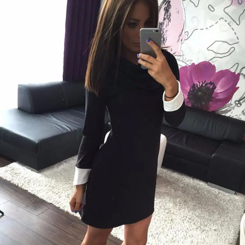 Women Dresses Bodycon Long Sleeve High Neck Backs Splicing Dress 1