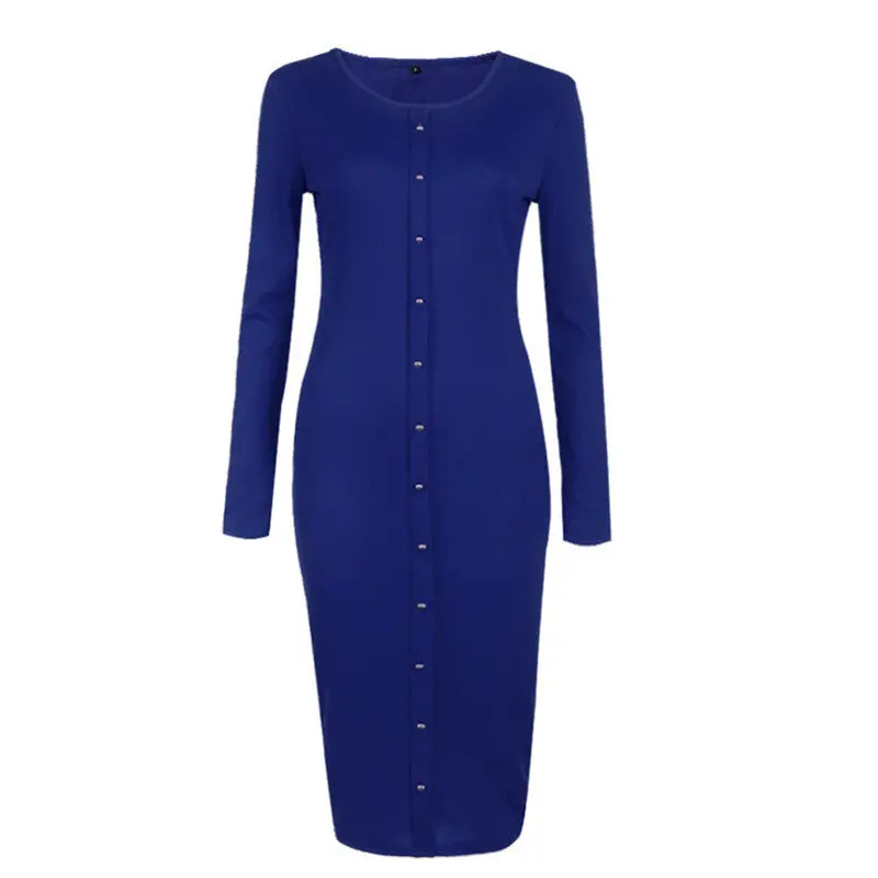 Women Dresses Elegant Button Knit Dress Slim Long Bodycon Dress Robe Femme O Neck Long Sleeve Vintage Dress 10