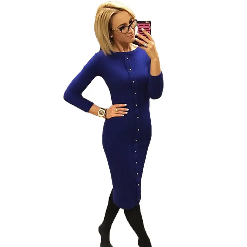 Women Dresses Elegant Button Knit Dress Slim Long Bodycon Dress Robe Femme O Neck Long Sleeve Vintage Dress 7