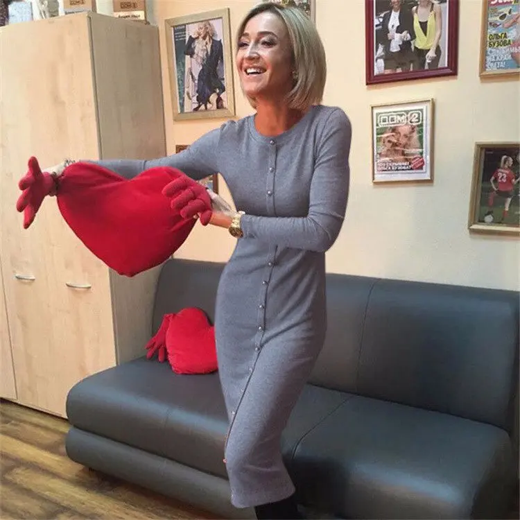 Women Dresses Elegant Button Knit Dress Slim Long Bodycon Dress Robe Femme O Neck Long Sleeve Vintage Dress 9