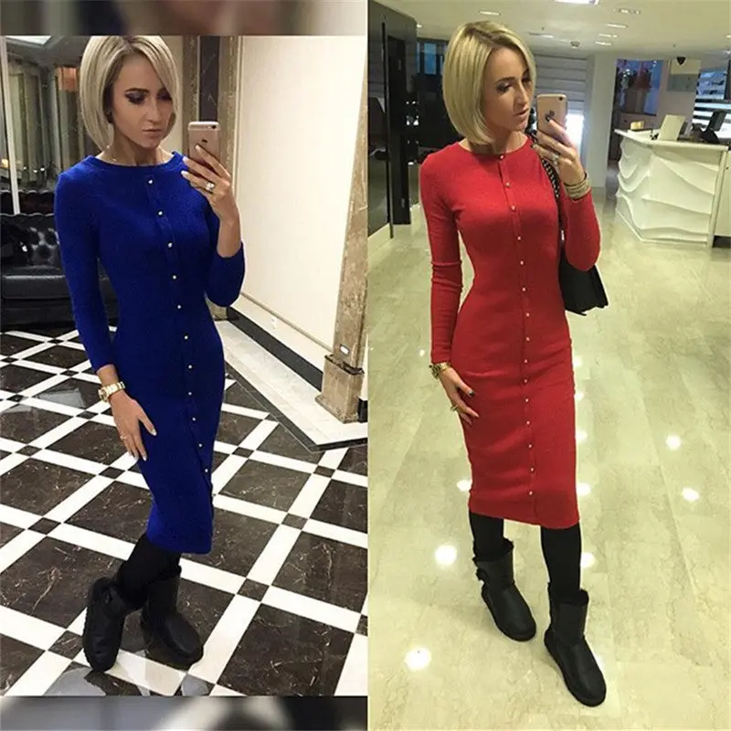 Women Dresses Elegant Button Knit Dress Slim Long Bodycon Dress Robe Femme O Neck Long Sleeve Vintage Dress 9