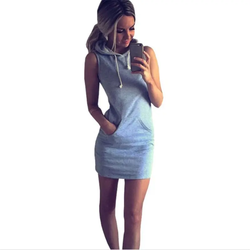 Women Dresses Hooded Front Pocket Sleeveless Dress Casual Sports Style Women Gray Hoodie Dress 1