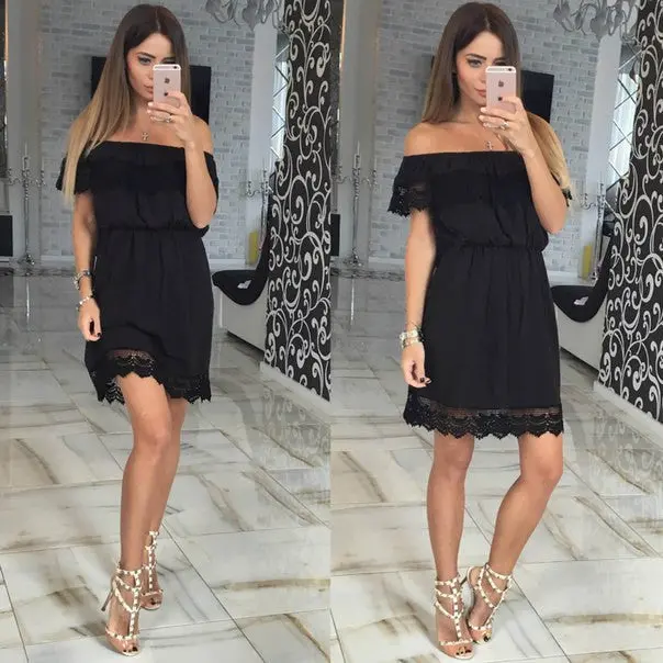 Women Dresses Lace Stitching Strapless Off Shoulder Beach Dress Sexy Dress Slash Neck Mini Dresses Vestidos M0485 1