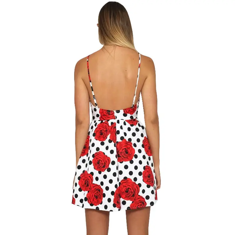 Women Dresses Ladies Casual Rose Printing Sleeveless Sexy Backless Dress Ol Party Robe 2