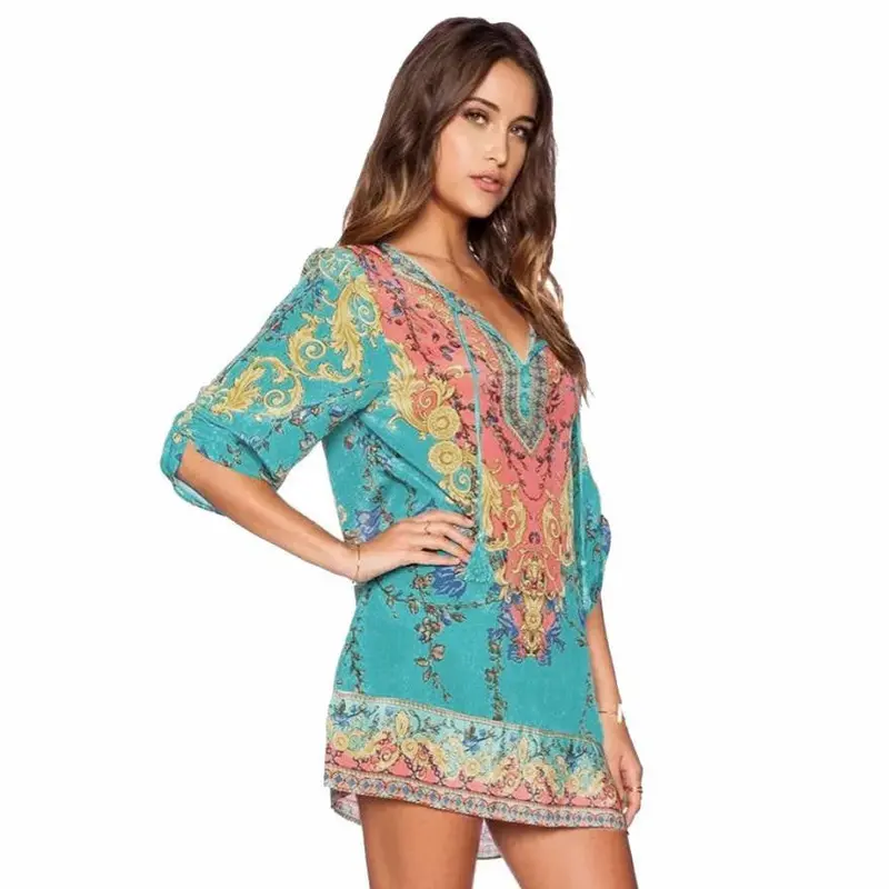 Women Dresses Ladies Three Quarter Sleeves Chiffon Vintage Print Loose Party Mini Dress 1