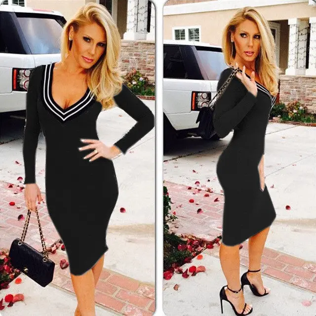Women Dresses Long Sleeve V-Neck Dress Sexy Stretch Bodycon Package Hip Dress Women Clothing Vestido De Festa J3302 1