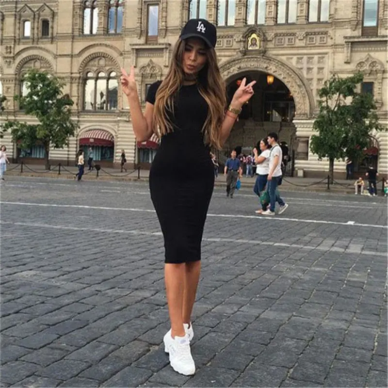 Women Dresses Slim Knee Length Bodycon Dress Elegant Skinny Office Dress Short Sleeve Robes Plus Size Pencil Dress 1