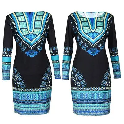 Women Dresstraditional African Printed Bodycon Dresses Dashiki Sexy Long Sleeve O Neck Vestidos Feminino Plus Size Vestido 1
