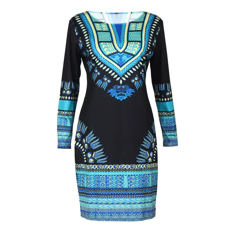 Women Dresstraditional African Printed Bodycon Dresses Dashiki Sexy Long Sleeve O Neck Vestidos Feminino Plus Size Vestido 2