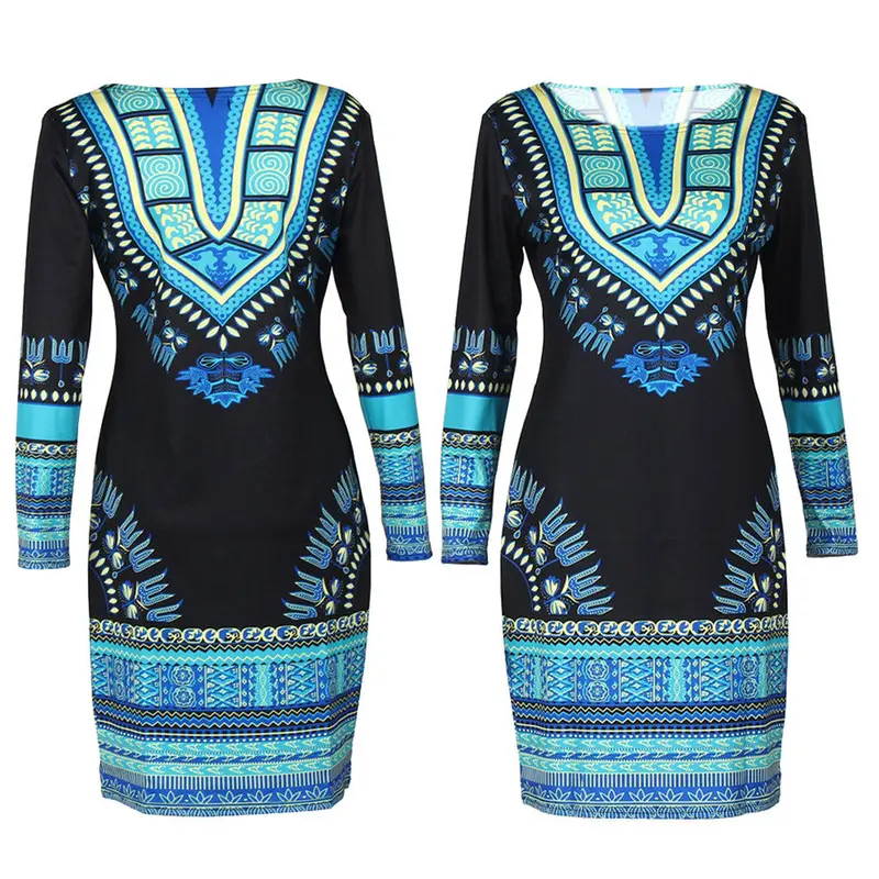 Women Dresstraditional African Printed Bodycon Dresses Dashiki Sexy Long Sleeve O Neck Vestidos Feminino Plus Size Vestido 3