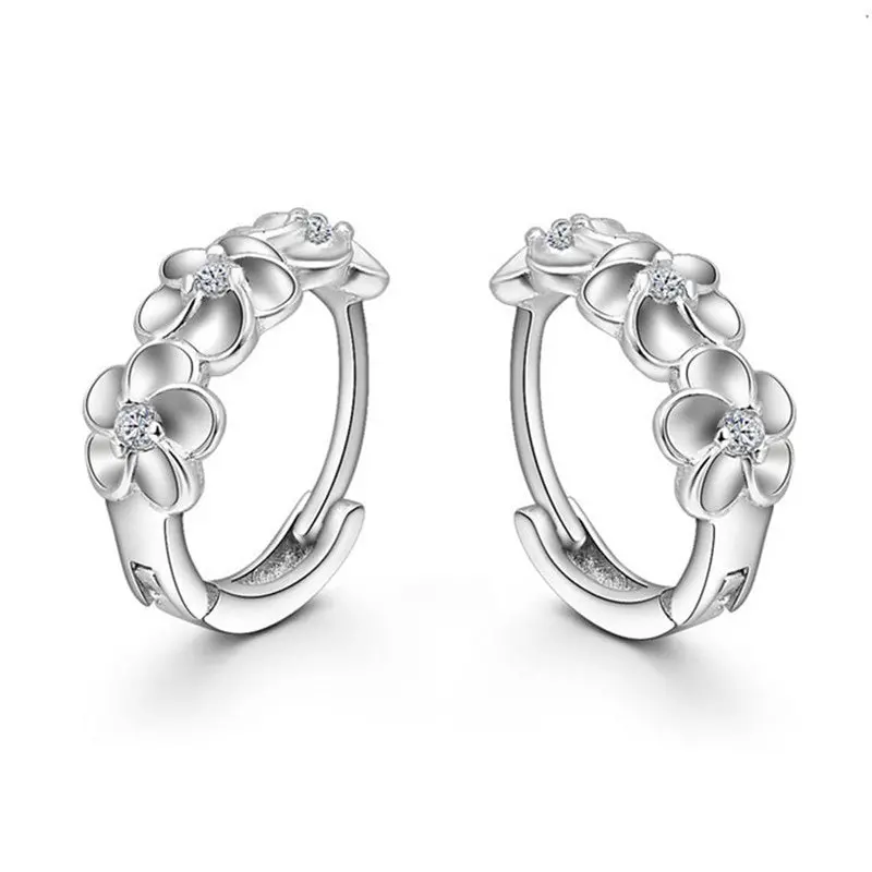 Women Earring Silver Flower Plated Crystal Rhinestone Earrings 1