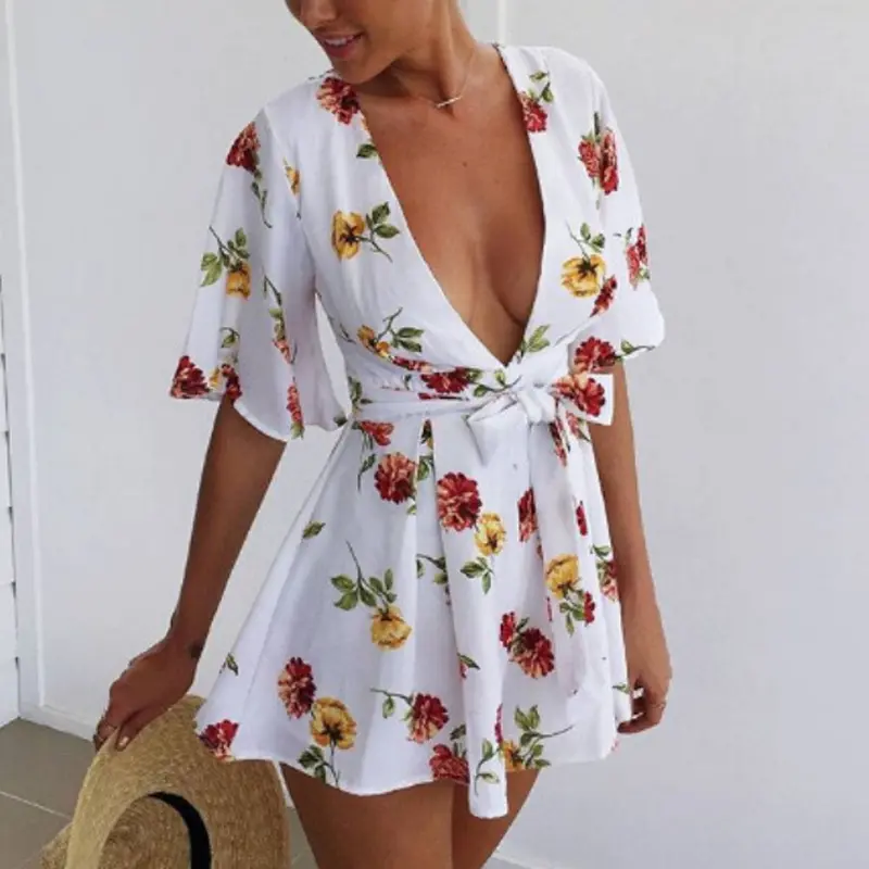 Women Elegant Printing V Neck Chiffon Short Jumpsuit Rompers Playsuit Overalls Feida 1
