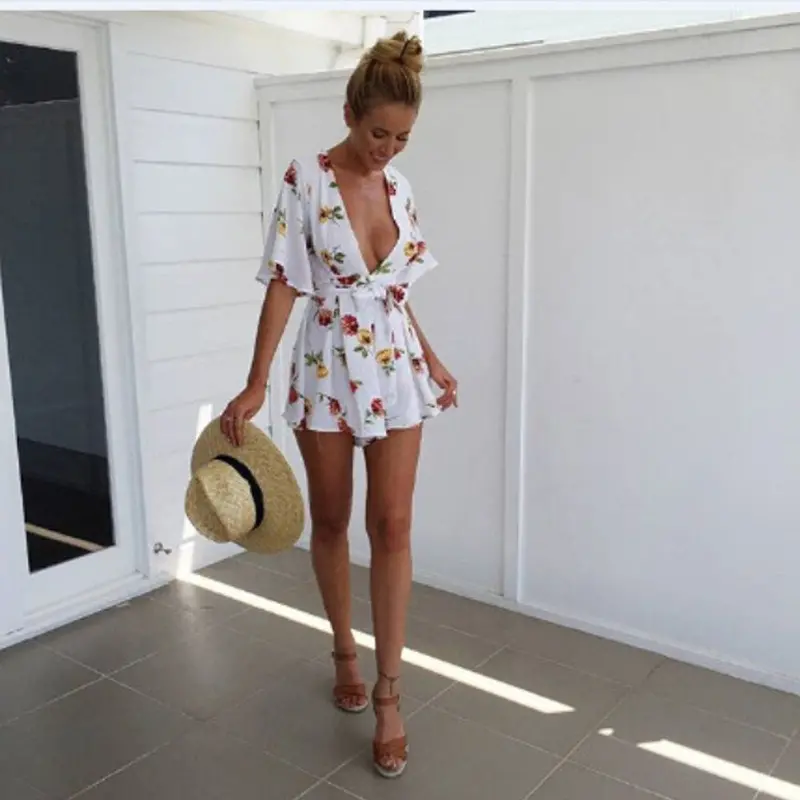 Women Elegant Printing V Neck Chiffon Short Jumpsuit Rompers Playsuit Overalls Feida 2