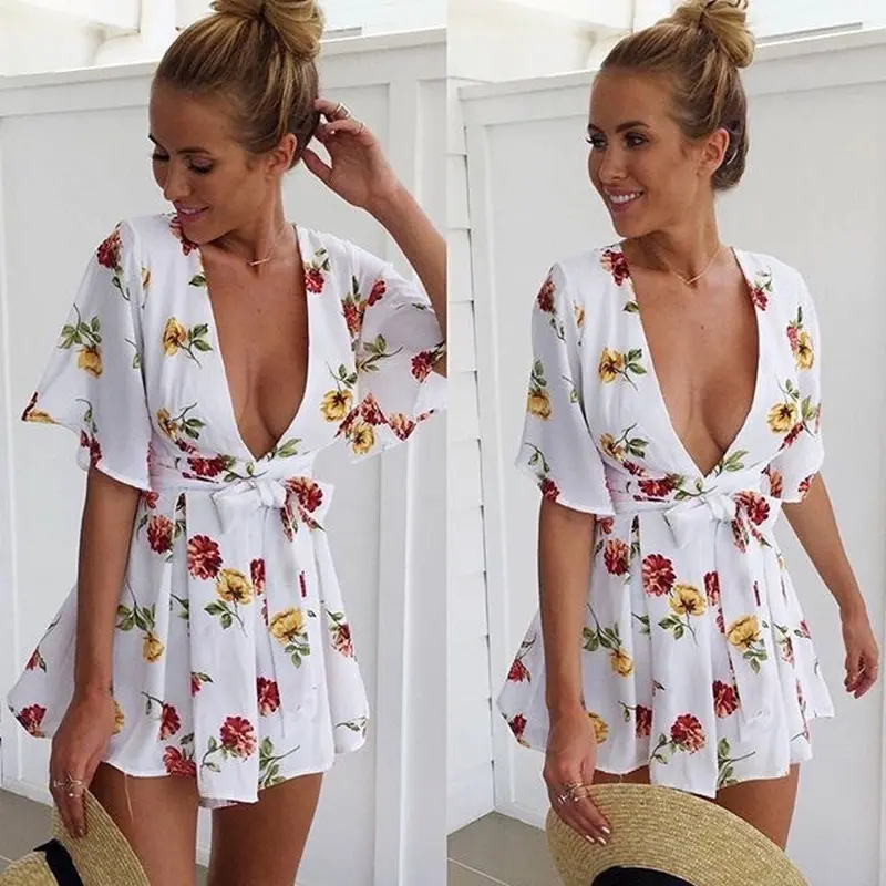 Women Elegant Printing V Neck Chiffon Short Jumpsuit Rompers Playsuit Overalls Feida 3