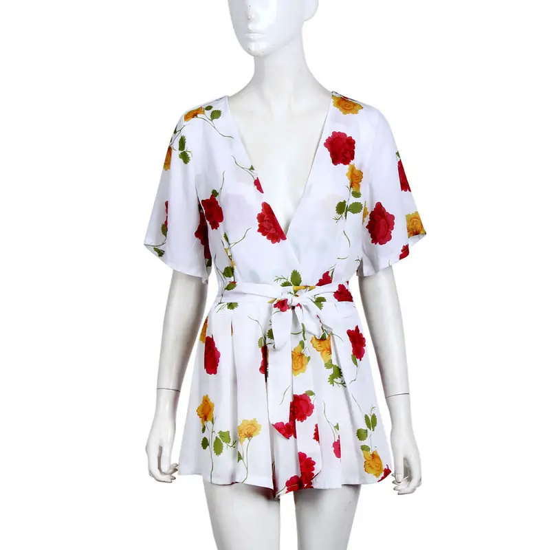 Women Elegant Printing V Neck Chiffon Short Jumpsuit Rompers Playsuit Overalls Feida 4