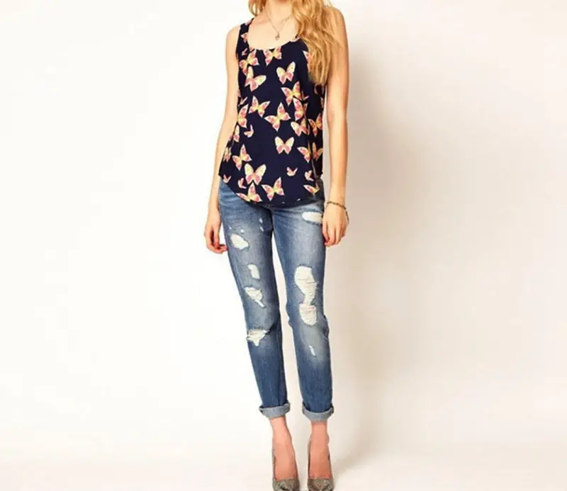 Women Elegant Top Butterfly Print Sleeveless Chiffon Tank Top Shirts Crew Vest Mousseline 2